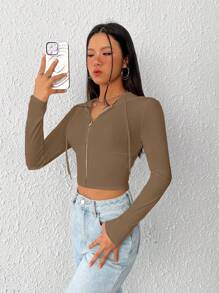 SHEIN EZwear Dây kéo Dây rút Áo hoodie ngắn - màu nâu - Xem 4