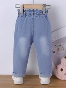 Baby Girl Cartoon Patched Bow Front Paperbag Waist Jeans