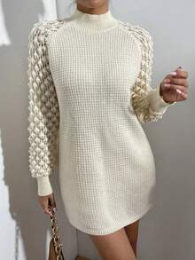 SHEIN Essnce Cổ giả Tay Raglan Đầm Áo len Không có thắt lưng - Màu be - Xem 5
