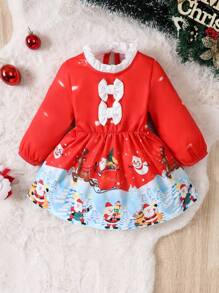 Baby Girl Christmas Print Contrast Lace Trim Dress - Red - View 2