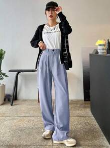 DAZY Casual Business Style Solid Color Straight Leg Pants,Women Dress Pants - Blue - View 5