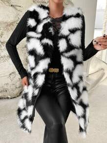 SHEIN Privé Allover Print Open Front Fuzzy Vest Coat - Black and White - View 6