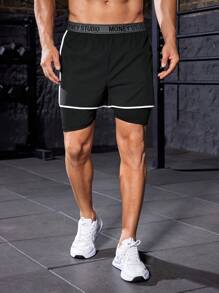 Manfinity Sport Corelite 1入對比綁帶字母膠帶腰部運動短褲，休閒運動短褲 - 黑色 - 查看 5