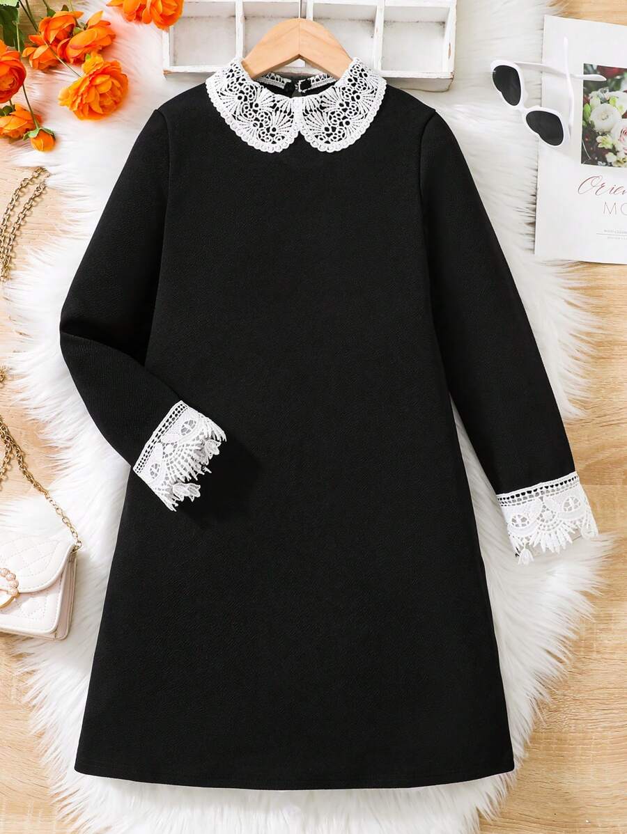 SHEIN 女大童蕾絲拼接彼得潘領洋裝 - 黑色 - 查看 1