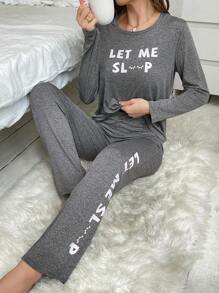 Letter Graphic Tee & Pants PJ Set / Pajama Set - Grey - View 1