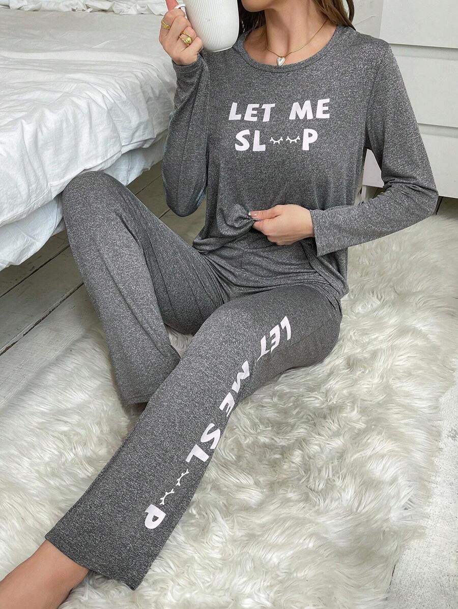Letter Graphic Tee & Pants PJ Set / Pajama Set - Grey - View 1