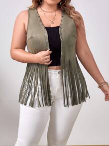 SHEIN VCAY 大碼鉚釘細節流蘇下擺無袖夾克 - 綠色 - 查看 1