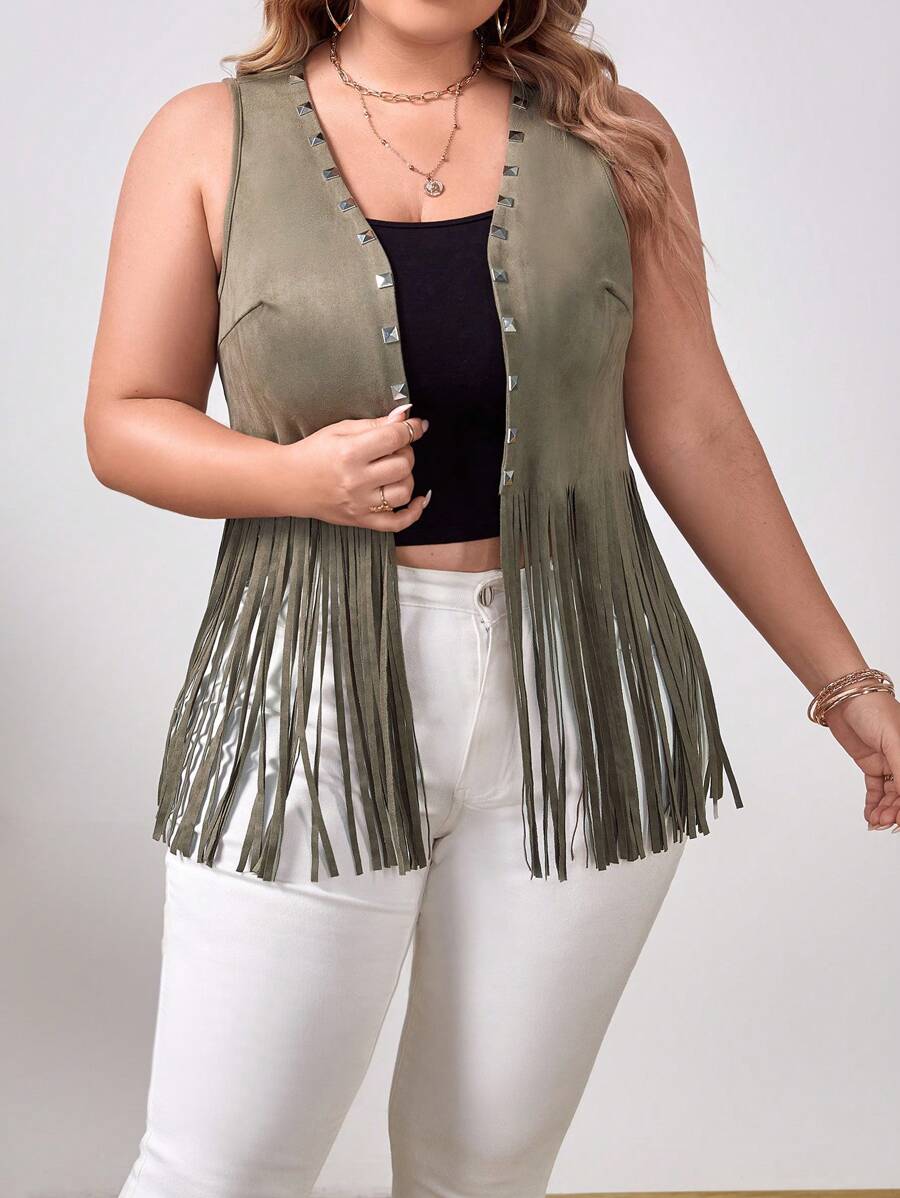 SHEIN VCAY 大碼鉚釘細節流蘇下擺無袖夾克 - 綠色 - 查看 1