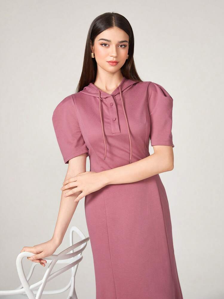 Solid Drawstring Hooded Sweatshirt Dress Pullover Fall Outfit