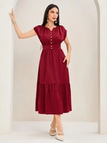 Modelyn Notched Neckline Ruffle Hem Dress - Red - View 1