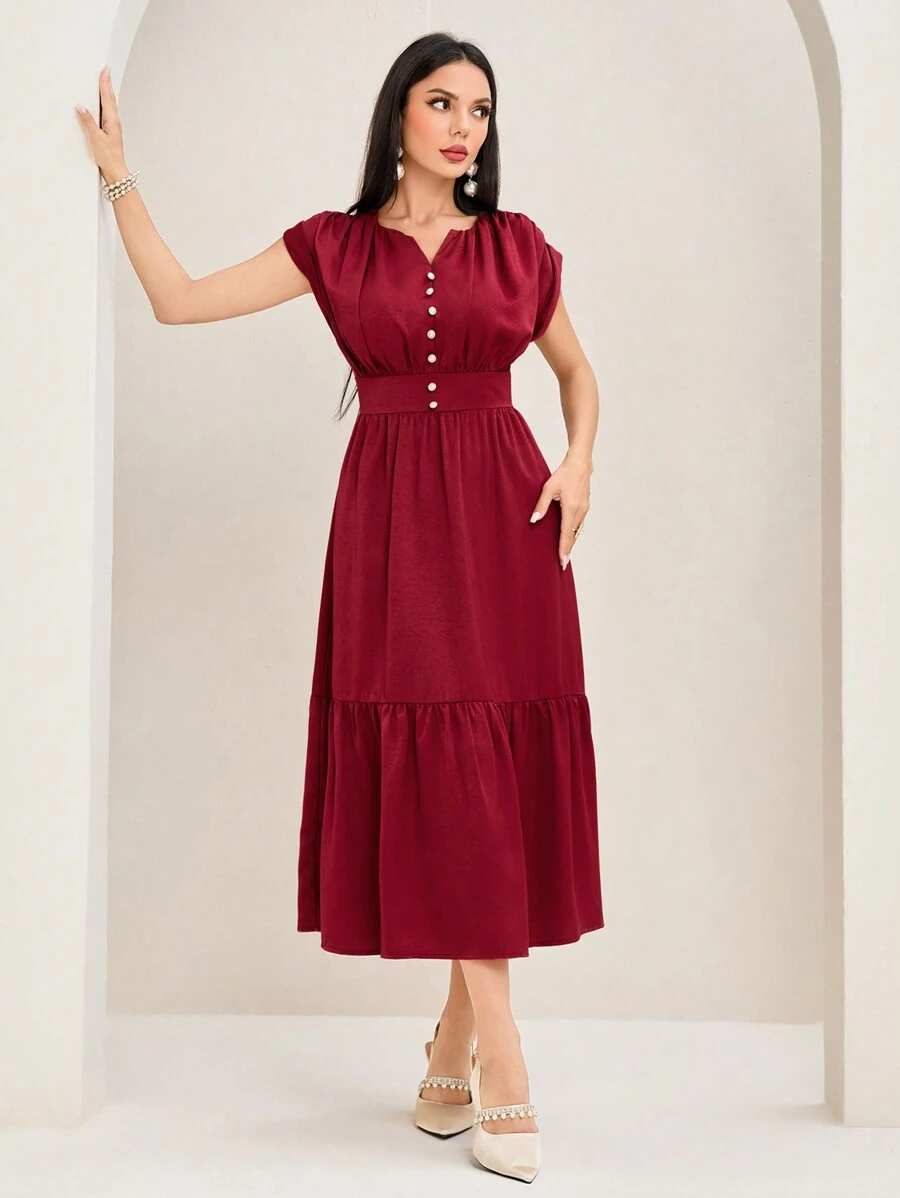 Modelyn Notched Neckline Ruffle Hem Dress - Red - View 1