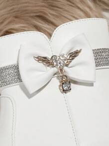 女孩冬天時尚低跟靴子帶圓頭,側拉鍊,鑽石裝飾,白色厚跟踝靴