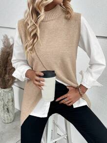 EMERY ROSE Mock Neck Wrap Sweater Vest Without Blouse - Khaki - View 3