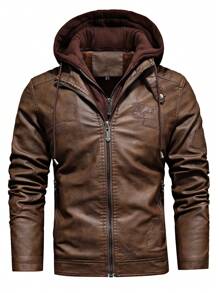Men Long Sleeve Zip Up Hooded PU Leather Jacket, For Fall Winter, Grunge