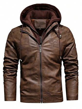 Men Zip Up Hooded PU Leather Jacket, For Fall Winter, Grunge