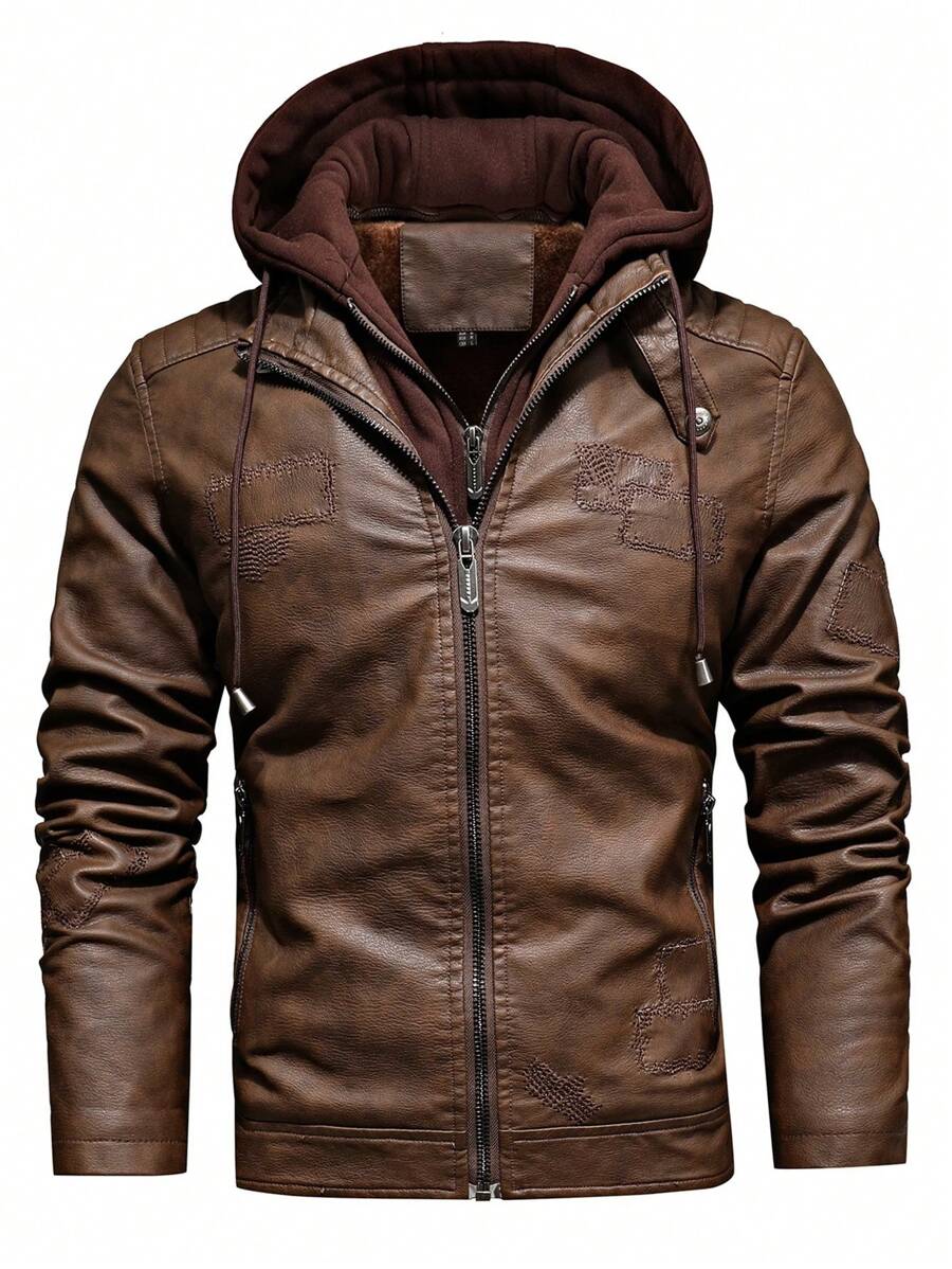 Men Long Sleeve Zip Up Hooded PU Leather Jacket, For Fall Winter, Grunge