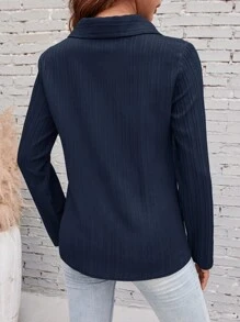 SHEIN LUNE Guipure Lace Insert Button Front Shirt - Navy Blue - View 2