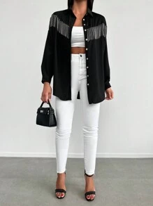 EURMUSE Fringe Trim Button Front Shirt - Black - View 4