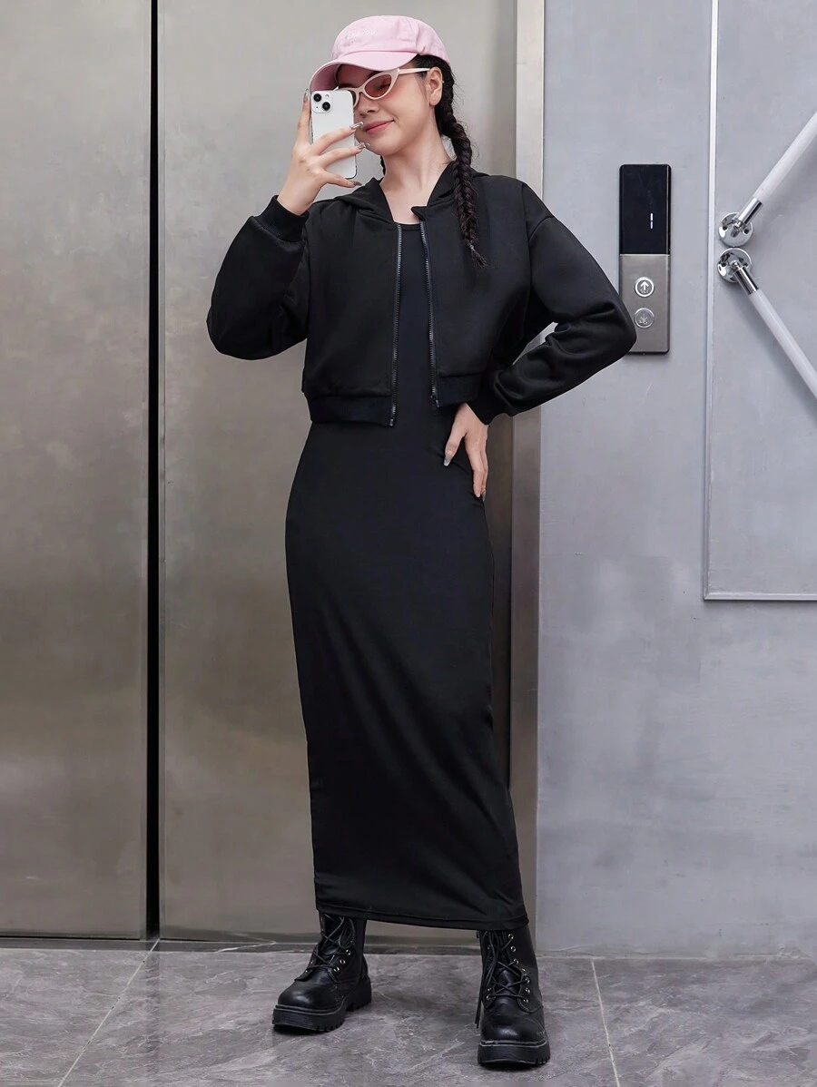 Cô gái tuổi teen Zip Up Áo & Váy - màu đen - Xem 1