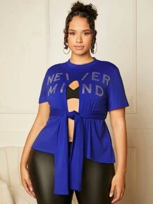 SHEIN SXY Plus Rhinestone Letter Pattern Belted Tee - Royal Blue - View 7