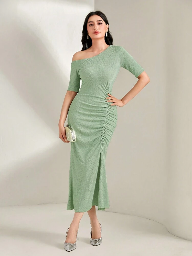 Asymmetrical Neck Ruched Mermaid Hem Dress Long Evening Dresses