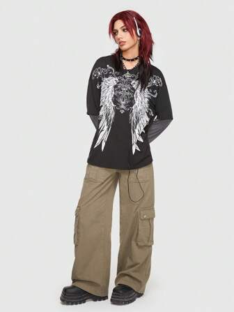 Grunge Punk Camiseta escolar con diseño de alas 2 en 1