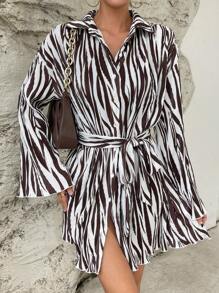 SHEIN Essnce In hoa văn ngựa vằn Thắt lưng Váy sơ mi - Nhiều màu - Xem 5