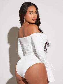 SHEIN SXY Off Shoulder Flare Sleeve Ruched Bodysuit - White - View 2