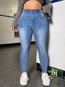 SHEIN EZwear Hơn Cao eo Quần jean ôm - Rửa trung bình - Xem 5