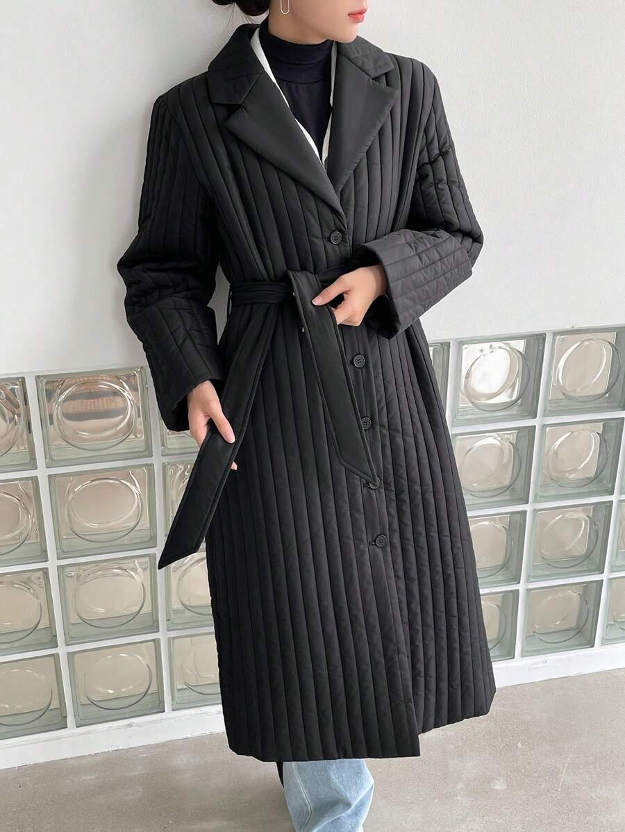 翻领系带长款绗缝加厚口袋大衣，女士冬季服装，女士冬装外套 - 黑色 - 查看 1