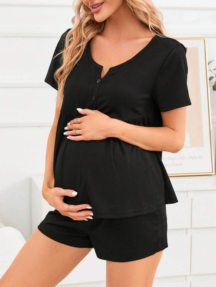 SHEIN 孕妇半纽扣荷叶边睡衣睡衣 T 恤和可调节腰部短裤 - 黑色 - 查看 1