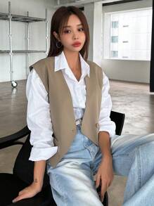 DAZY 1 pieza Chaleco con botones Blazer Atuendo de negocios - Café integral - Ver 4