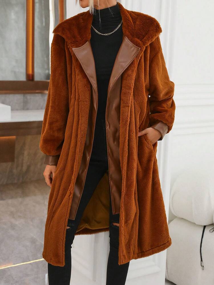 Lapel Neck Drop Shoulder Fuzzy Coat