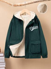 SHEIN 男大童字母刺繡翻蓋口袋加絨內裏連帽外套 - 綠色 - 查看 1