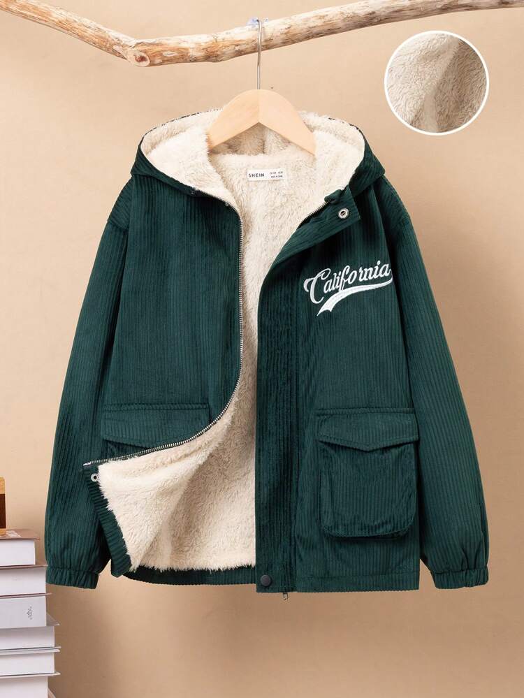 Tween Boy Letter Embroidery Flap Pocket Thermal Lined Hooded Coat