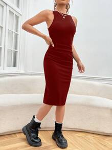 SHEIN EZwear Solid Ruched Split Thigh Dress - Rose Red - View 4