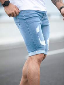 Manfinity Homme Men Ripped Frayed Bleach Wash Denim Shorts Jorts