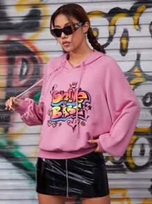 SHEIN PETITE 字母圖案插肩袖抽繩連帽衫 - 粉色 - 查看 3