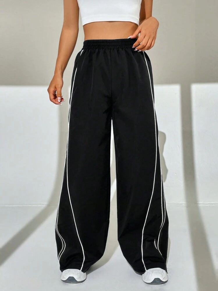 SHEIN EZwear Quần nữ Tương phản ràng buộc màu trơn Giải trí - màu đen - Xem 3