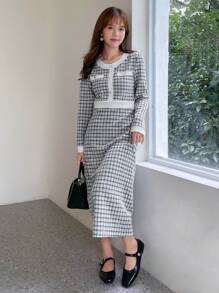 FRIFUL Plaid Print Contrast Trim Button Detail Dress - Black and White - View 3