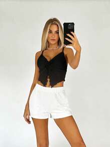 SHEIN EZwear 前扭結木耳邊吊帶上衣 - 黑色 - 查看 4