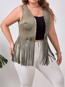 SHEIN VCAY 大碼鉚釘細節流蘇下擺無袖夾克 - 綠色 - 查看 5