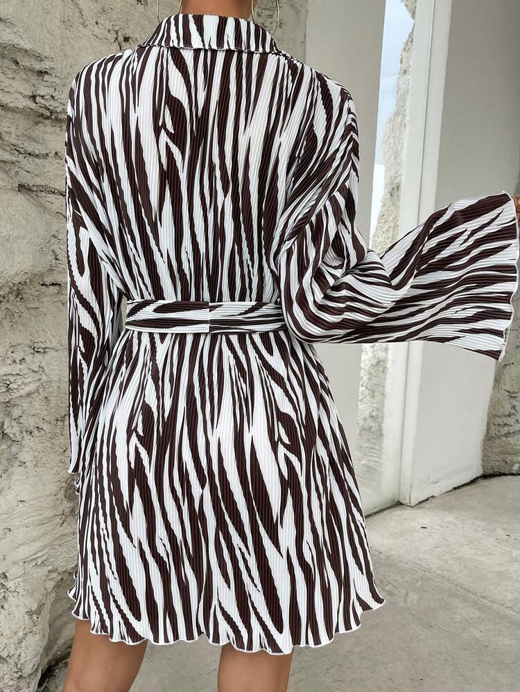 Zebra Striped Print Belted Shirt Dress