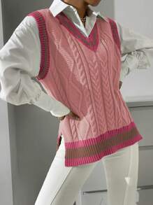Chiquease 女士休闲宽松条纹V领针织背心，秋冬季 - 彩色 - 查看 5