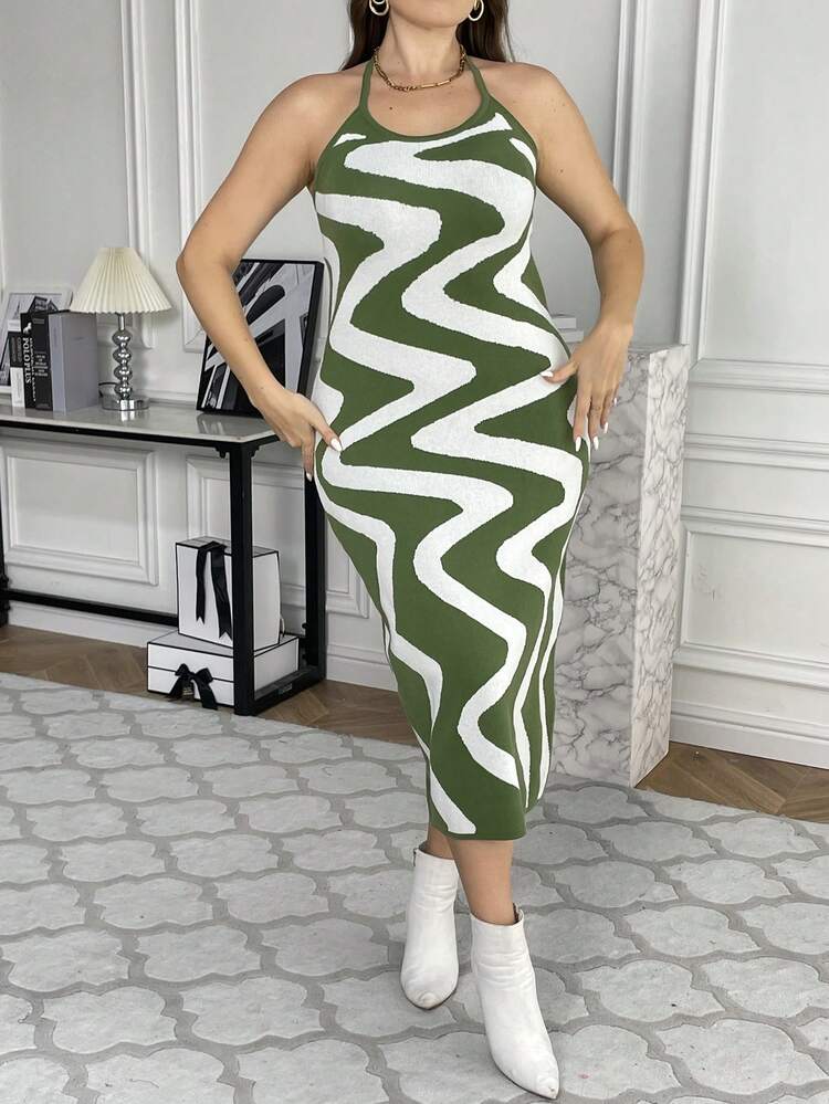 Plus Wave Striped Pattern Halter Sweater Dress
