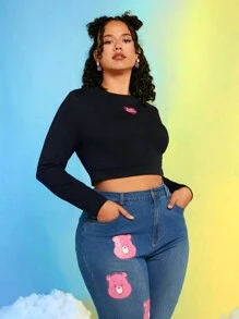 SHEIN X Care Bears Plus Heart and Cartoon Graphic Crop Tee - Black - View 6