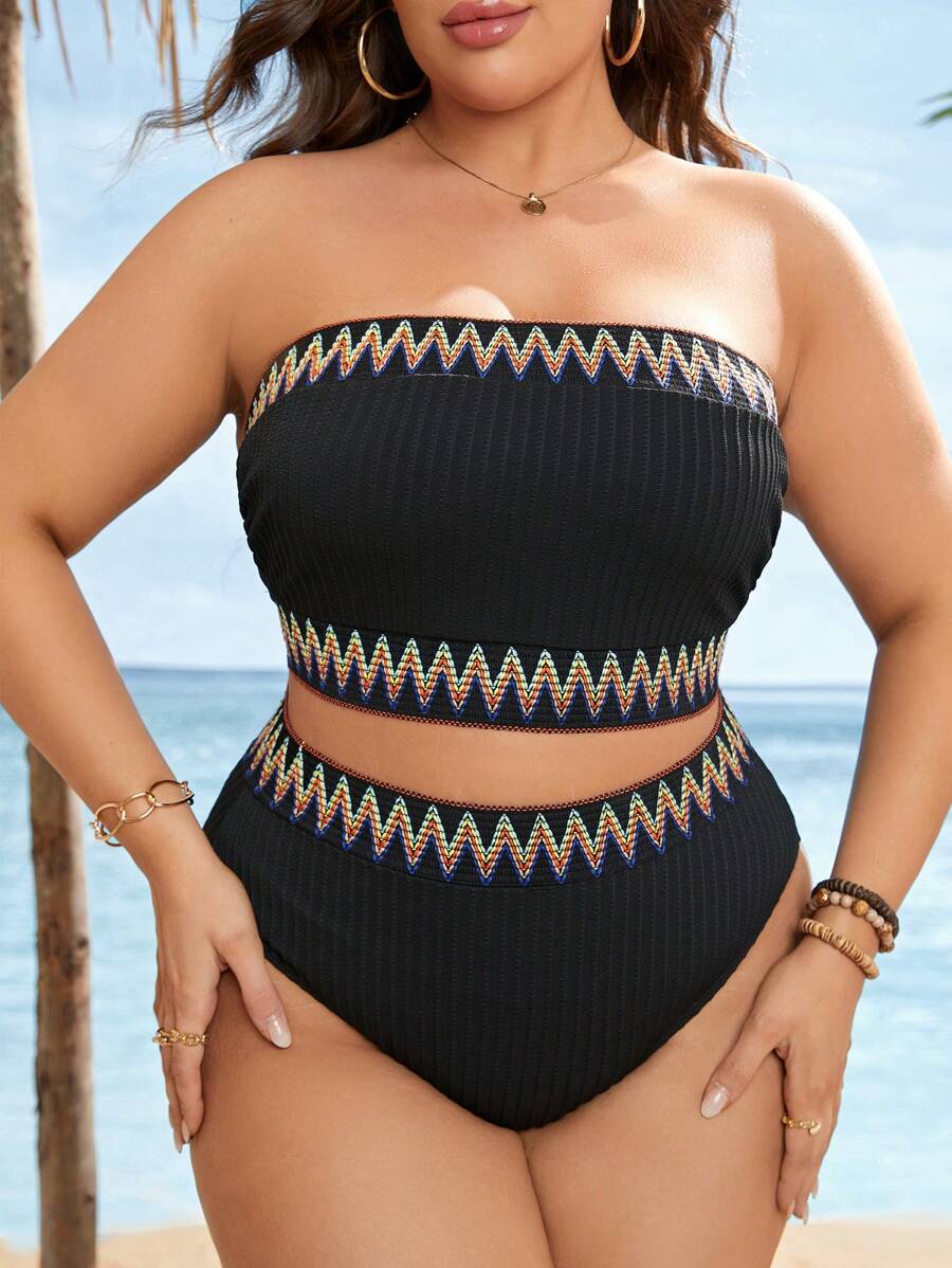 SHEIN Swim Curve Summer Beach Plus Chevron Pattern Bandeau Bikini Set - Black - View 1