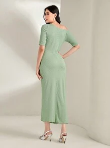Modelyn Asymmetrical Neck Ruched Mermaid Hem Dress Long Evening Dresses - Green - View 2