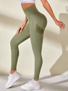 Yoga Basic 瑜伽打底褲無縫高彈力緊縮褶皺臀部運動緊身褲帶寬腰帶 - 軍綠色 - 查看 2