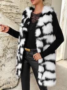 SHEIN Privé Allover Print Open Front Fuzzy Vest Coat - Black and White - View 3